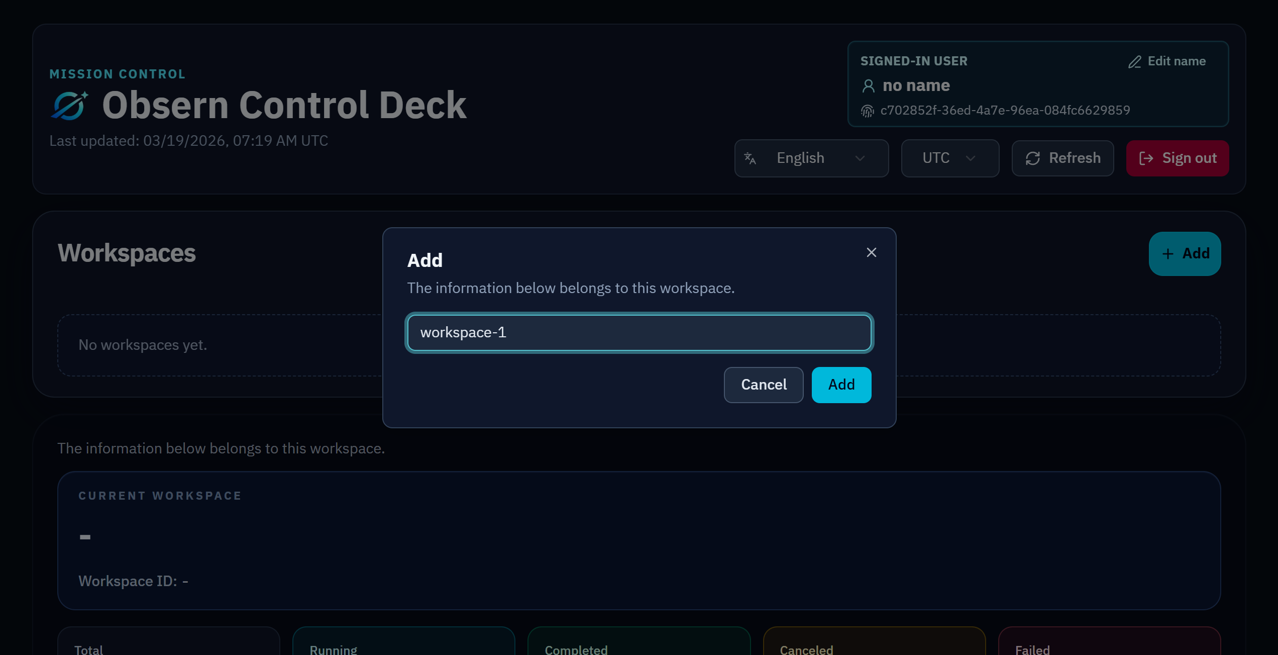 Workspace creation dialog