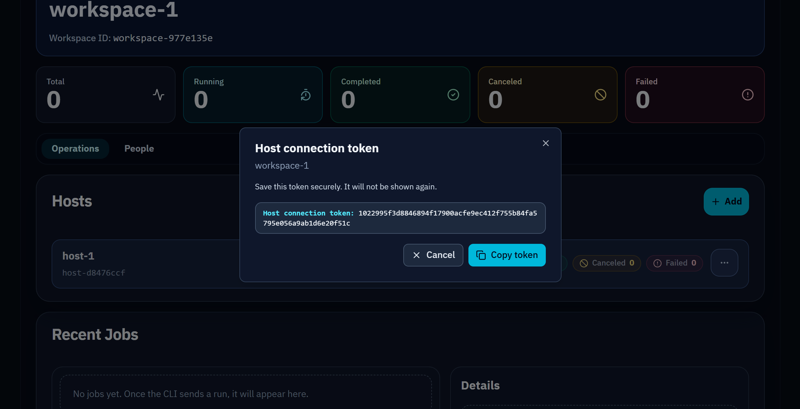 One-time host token displayed after host creation