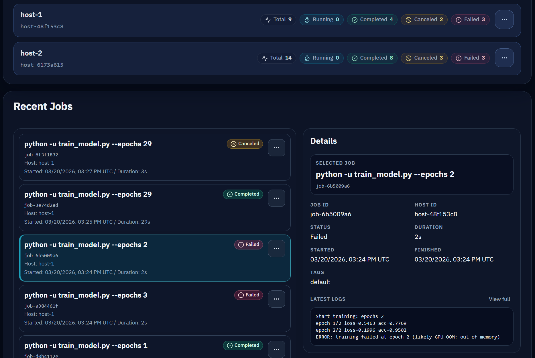 Job list and job detail view